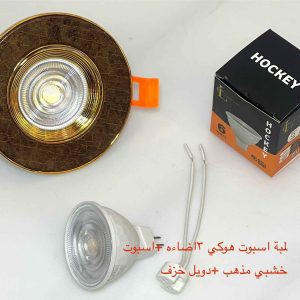 شاسيه اسبوت خشبي مذهب + دويل خزف + لمبة اسبوت هوكي 3 إضاءة