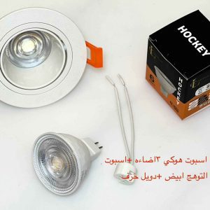 شاسيه اسبوت ضد التوهج أبيض + دويل خزف + لمبة اسبوت هوكي 3 إضاءة