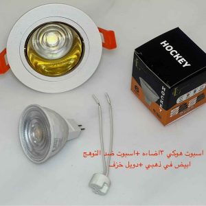 شاسيه اسبوت فردي مدور ضد التوهج أبيض x ذهبي + دويل خزف + لمبة اسبوت هوكي 3 إضاءة