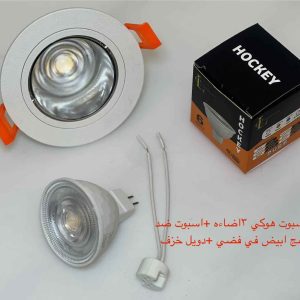 شاسيه اسبوت فردي مدور ضد التوهج أبيض x فضي + دويل خزف + لمبة اسبوت هوكي 3 إضاءة